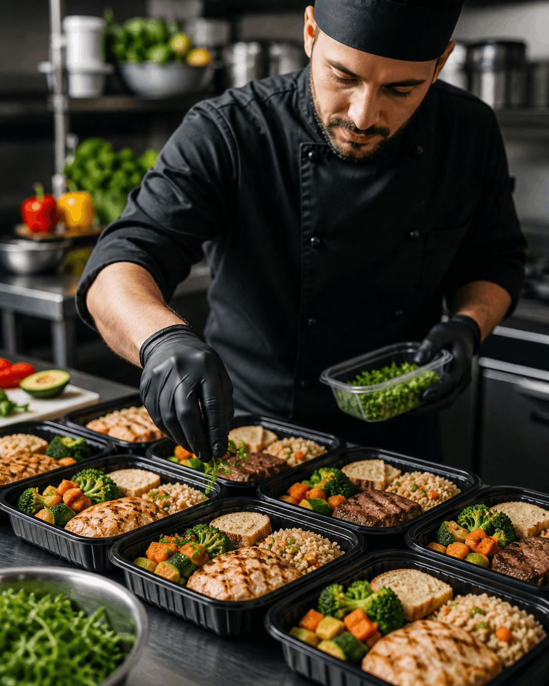 Chef preparando planes de alimentación saludables listos para entrega